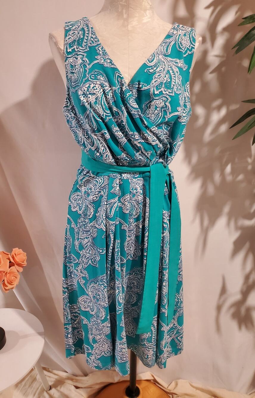 Lands End Paisley Surplice V-Neck Tie Waist Dress Size L Turquoise Coastal Soft